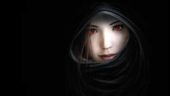 Dark woman black background red eyes mouth Noses witches 