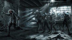 Destruction running Exit curtains zombies sunlight gas masks 