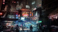 digital art signs cyberpunk City futuristic asian architecture