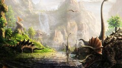 Dinosaurs fantasy art triceratops river cliff Animals