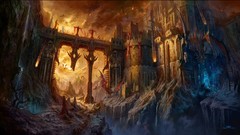 Dragons fight fortress Bridges gates artwork fantasy art Fan 