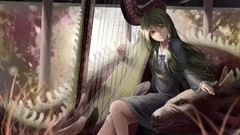 Dragons harp instruments long hair anime girls green eyes green 