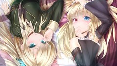 Dress beds Ribbons blondes blush long hair anime girls blue 