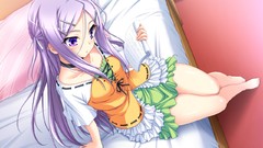 Dress beds sitting long hair anime girls purple hair purple 