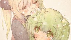 Dress bows blondes hugging blush long hair anime girls green 