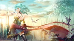 Dress cities anime girls yellow eyes original characters mecha 