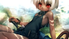 Dress collar white hair red eyes Ribbons sitting Swords 