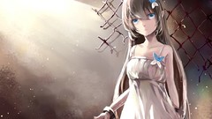 Dress fences chains long hair anime girls blue eyes white dress 