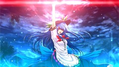 Dress hats red eyes beams bows blue hair long hair anime girls 