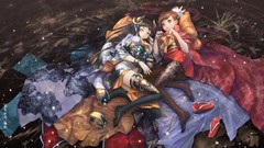 Dress horns red dress stockings long hair anime girls brunettes 