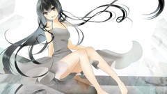 Dress long hair barefoot anime girls black hair open mouth 