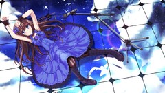 Dress microphones long hair anime girls boots blue eyes 