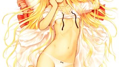 Dress navel bows blondes pillows blush long hair barefoot anime 