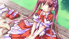 Dress red eyes Ribbons blush long hair barefoot anime girls 