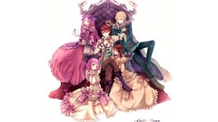 Dress red eyes sitting blondes pink hair long hair anime girls 