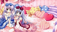 Dress Ribbons eating long hair anime girls gray hair cleavage 