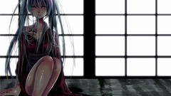 Dress sitting red dress long hair barefoot anime girls indoors 