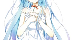 Dress white background blush blue hair smiling long hair anime 
