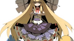 Dress white background fangs horns chains blondes long hair 