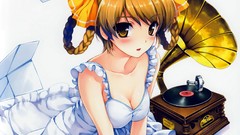 Dress white background gramophone sitting bows blondes blush 