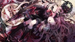 Dress white hair gloves sitting bows chains long hair anime 