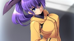 Earrings bows jackets turtleneck purple hair purple eyes