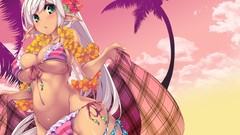 Elves palm trees white hair blush long hair green eyes bikini 