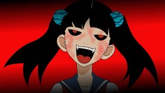 Evil red background red eyes faces schoolgirls long hair anime 