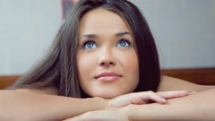 Eyes pink woman hands lips smiling blue eyes brunettes 