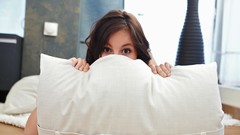 Eyes white woman pillows smiling brunettes models 