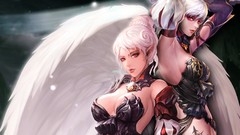 Eyes wings ears elves armor white hair red eyes gloves cleavage 