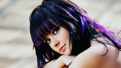 Eyes woman faces brunettes bangs purple hair dyed