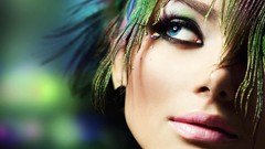 Eyes woman feathers peacock colors faces blue eyes green hair 