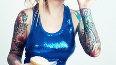 Eyes woman food stomach navel tattoos piercings models boobs 