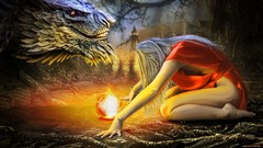 Fantasy fire dark woman Dragons white hair flames fantasy art 