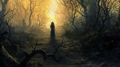 Fantasy fog dark cemetery tombs crows digital art fantasy art