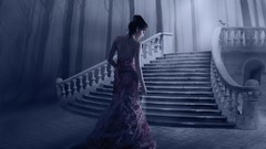 Fantasy fog Trees woman Birds dress mystery brunettes back view 