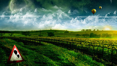 Fantasy grass clouds balloon World planets artistic