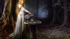 Fantasy Movies woman blondes white dress forests artwork 
