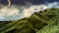 Fantasy nature clouds sky landscape hills moon Green