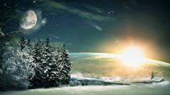 Fantasy Trees snow winter Stars sun moon light descent Birds 