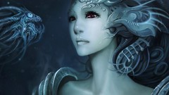 Fantasy water blue eyes pink horns underwater octopuses amethyst