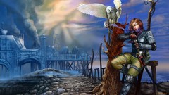 Fantasy water woman armor Swords Owls fantasy art tree stumps