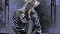 Fantasy woman white hair red eyes hair ornaments priestess 