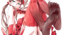 Feet Anime horns shirts long hair anime girls green eyes 