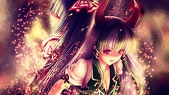 Fire Anime dress horns white hair red eyes bows suspenders 