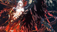 Fire Birds wings claws white hair red eyes Ribbons Ropes pants 