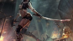 Fire Katana Shorts drawings boots brunettes uzi cleavage 