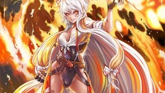 Fire navel white hair red eyes gloves flames bows belts smiling 