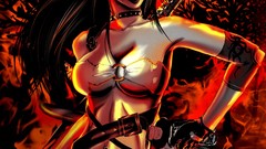 Fire paintings red eyes long hair anime girls assassins fantasy 